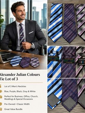 Alexander Julian Colours Tie Lot of 3 Blue Purple Striped Plaid Mens Neckties